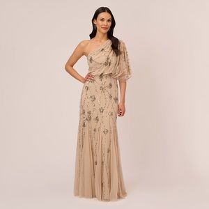 ADRIANNA PAPELL ONE SHOULDER BEADED GOWN IN NUDE SIZE 6 or 36  (Relisting)